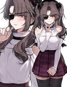 1boy absurdres ayase_ayato_(imamiya_pinoko) black_bow black_hat black_thighhighs bow brown_hair closed_mouth commentary_request crossdressing crossdressing_(mtf) eyepatch fang hat highres imamiya_pinoko long_hair long_sleeves looking_at_viewer male_focus original purple_eyes purple_skirt ribbed_sweater simple_background skin_fang skirt solo sweat sweater thighhighs twintails v white_background white_sweater