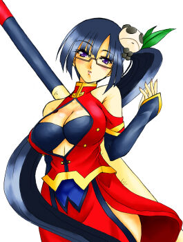 1girl akenami_yasutaka arc_system_works bare_shoulders black_bra black_hair blazblue blush bo_staff bra breasts china_dress chinese_clothes cleavage cleavage_cutout clothing_cutout curvy dress glasses hair_ornament highres japanese_clothes lao_jiu large_breasts litchi_faye_ling long_hair looking_at_viewer panda panda_hair_ornament pelvic_curtain pink_lips ponytail purple_eyes red_dress semi-rimless_eyewear simple_background solo staff underwear weapon white_background