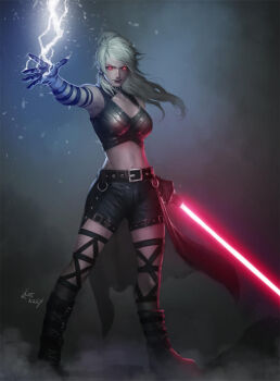 1girl black_gloves black_shorts blonde_hair breasts electricity electrokinesis energy_sword force_lightning gloves glowing glowing_eyes hifarry lightsaber long_hair looking_at_viewer medium_breasts midriff navel ponytail red_eyes red_lightsaber shorts signature sith solo star_wars sword weapon