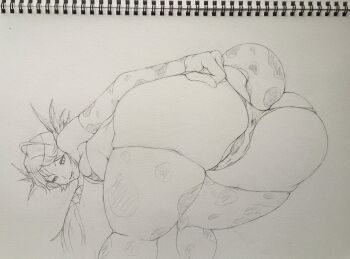 1girl anal_beads anal_tail animal_print ass bad_id bad_twitter_id bikini butt_plug chaos_karen_(grimms_notes) closed_mouth cow_print cow_print_bikini fake_tail grimms_notes highres huge_ass monochrome print_bikini sex_toy solo swimsuit tail thighhighs tongue tongue_out traditional_media uracryp_hachiku