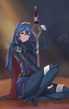 1girl absurdres armor blue_cape blue_eyes blue_gloves blue_hair brand_of_the_exalt cape closed_mouth falchion_(fire_emblem) fingerless_gloves fire_emblem fire_emblem_awakening full_body gloves hair_between_eyes highres holding holding_sword holding_weapon long_hair long_sleeves looking_at_viewer lucina_(fire_emblem) nintendo red_cape shoulder_armor signature sitting smile solo string_rafart sword symbol_in_eye tiara two-tone_cape weapon