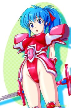 Rule 34 | 1girl, armor, arms behind back, blue eyes, blue hair, breastplate, breasts, cameltoe, commentary request, corque lans, double blade, faussete amour, gloves, groin, hair ribbon, haruno yomogi, high ponytail, highres, holding, holding weapon, leotard, looking at viewer, medium breasts, medium hair, pauldrons, pink armor, ponytail, red gloves, red leotard, red ribbon, ribbon, shoulder armor, solo, weapon