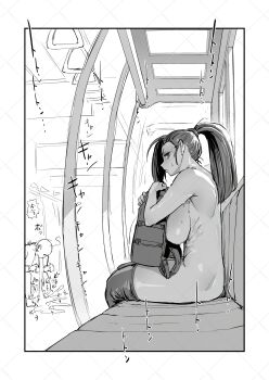 1boy 1girl backpack bag breasts commentary_request completely_nude exhibitionism from_side hand_grip highres large_breasts long_hair monochrome nude original ponytail public_indecency public_nudity sashizume_soutarou sideboob solo_focus thighhighs train_interior vomiting