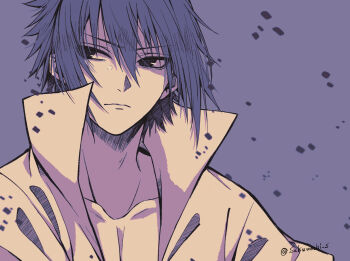 1boy black_eyes black_hair closed_mouth facing_viewer hair_between_eyes highres looking_to_the_side male_focus mochiii-s naruto_(series) naruto_shippuuden open_clothes open_shirt purple_background shirt short_hair solo twitter_username uchiha_sasuke upper_body