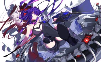 1girl absurdres acheron_(honkai:_star_rail) artist_name asymmetrical_footwear black_choker black_gloves black_shorts bone boots breasts chain choker cleavage coat coattails collarbone detached_sleeves flower gloves hair_over_one_eye highres honkai:_star_rail honkai_(series) long_hair looking_at_viewer outstretched_hand purple_eyes purple_hair red_flower scabbard sheath sheathed short_shorts shorts single_bare_shoulder solo sword thigh_boots weapon white_coat yurie_yamaa