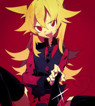 1girl animal_ears black_necktie black_thighhighs black_vest blonde_hair fang funamusea higa423 holding holding_knife holding_weapon knife long_hair long_sleeves moge-ko mogeko_castle necktie red_background red_eyes red_shirt sharp_teeth shirt simple_background sitting smile solo tail teeth thighhighs tongue tongue_out vest weapon