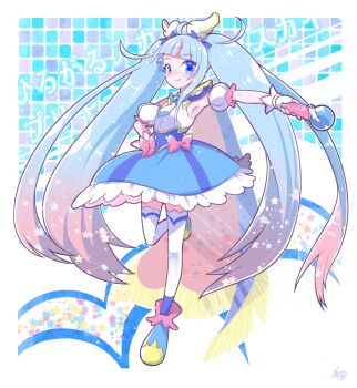 1girl ankle_boots blue_boots blue_cape blue_dress blue_eyes blue_hair boots bow brooch cape closed_mouth commentary_request copyright_name cure_sky cut_bangs detached_sleeves dress dress_bow fingerless_gloves frilled_dress frills fringe_trim full_body gloves gradient_hair hair_ornament hand_on_own_hip highres hirogaru_sky!_precure holding jewelry leg_up long_hair looking_at_viewer magical_girl medium_dress multicolored_hair partial_commentary pink_bow pink_hair precure puffy_detached_sleeves puffy_sleeves red_cape single_sidelock sky_mirage sleeveless sleeveless_dress smile solo sora_harewataru standing standing_on_one_leg streaked_hair takanashi_hiyori text_background thighhighs translated twintails two-sided_cape two-sided_fabric two-tone_dress two-tone_hair very_long_hair white_dress white_gloves white_thighhighs wing_brooch wing_hair_ornament