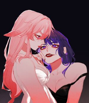 Rule 34 | 2girls, animal ears, bare shoulders, black background, blunt bangs, breasts, bucumberr, cleavage, commentary, couple, dress, english commentary, eyeliner, fingernails, fox ears, fox girl, from side, genshin impact, hair between eyes, highres, large breasts, lingerie, lipstick, long hair, looking at another, looking down, looking to the side, low-tied long hair, makeup, mole, mole under eye, multiple girls, off shoulder, parted lips, pink hair, purple eyes, purple hair, purple nails, raiden shogun, red eyeliner, red lips, shade, sharp fingernails, smeared lipstick, underwear, upper body, yae miko, yuri