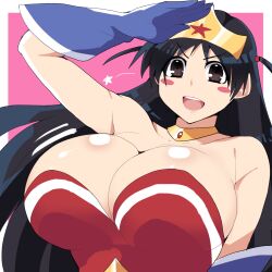 1girl alternate_breast_size_(larger) bad_link black_hair blue_gloves blush_stickers breasts brown_eyes cosplay crown dc_comics gloves highres huge_breasts jewelry long_hair looking_at_viewer neck_ring pink_background rice_grg salute school_rumble tsukamoto_tenma upper_body wonder_woman wonder_woman_(cosplay) wonder_woman_(series)