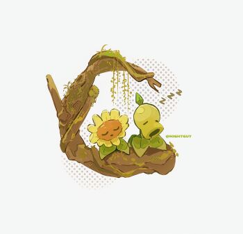 :o artist_name branch chinese_commentary closed_eyes commentary_request film_grain flower halftone halftone_background highres hightguy no_humans open_mouth peashooter_(plants_vs._zombies) plant plants_vs._zombies simple_background sleeping sunflower sunflower_(plants_vs._zombies) u_u white_background zzz