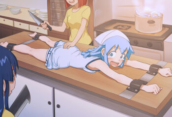 3girls aizawa_chizuru aizawa_eiko ass bad_end bad_food barefoot bdsm billhook blue_eyes blue_hair blush bondage bound bound_ankles bound_arms bound_legs bound_wrists cooking dinner dress feet grabbing_another's_ass groping hashitsuki_nata hatchet ikamusume imminent_death imminent_vore kitchen kitchen_knife kneepits knife kyoudyu legs lying multiple_girls nata_(tool) on_stomach open_mouth parody predator_and_prey restrained scared shinryaku!_ikamusume stationary_restraints surprised tears toes