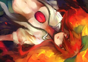 1girl breasts gensou_aporo hair_between_eyes large_breasts long_hair navel open_clothes open_shirt puffy_short_sleeves puffy_sleeves red_eyes red_hair reiuji_utsuho shirt short_sleeves solo third_eye_on_chest touhou white_shirt