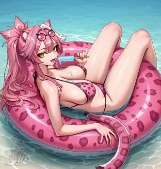 1girl absurdres animal_ears animal_print beach bikini breasts center-flap_bangs cleavage commentary day double-parted_bangs english_commentary eyewear_on_head food food_on_body food_on_breasts full_body highres holding holding_food holding_popsicle hololive hololive_english large_breasts leopard_print leopard_print_bikini long_hair looking_at_viewer lying melting_popsicle official_alternate_costume on_back on_innertube open_mouth outdoors paid_reward_available panther_ears panther_girl panther_tail pink-tinted_eyewear pink_bikini pink_hair popsicle print_bikini raora_panthera raora_panthera_(holonatsu_paradise) round_eyewear sidelocks solo string_bikini sunglasses swimsuit tail tinted_eyewear tongue tongue_out unstableboiler very_long_hair virtual_youtuber white_streaks yellow_eyes