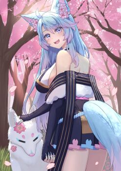 1girl ahoge animal_ears blue_eyes blue_hair blue_nails breasts cherry_blossoms colored_tips eyelashes falling_petals fingernails flower flower_in_eye gradient_nails grass headpat hosikawa_eruna indie_virtual_youtuber long_hair looking_back multicolored_hair petals pink_flower pink_hair pink_nails pink_petals sharp_fingernails silvervale silvervale_(2022) silvervale_(silver_3.0) symbol_in_eye tail tree virtual_youtuber wolf wolf_ears wolf_girl wolf_tail