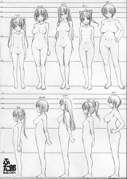 10s 5girls aihara_ai asakura_mao bosshi breasts bust_chart chart cleft_of_venus collarbone flat_chest futabu glasses hair_ribbon hand_on_own_hip highres itou_aya large_breasts lineup long_hair monochrome multiple_girls navel niimura_akane nipples nude oohashi_sumika open_mouth ponytail profile pussy ribbon short_hair small_breasts smile standing third-party_edit twintails uncensored