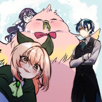 1boy 2girls animal bird black_pants black_vest blue_eyes blue_hair brooch closed_mouth commentary crossed_arms double-parted_bangs english_commentary gem green_gemstone grey_shirt hair_between_eyes highres jewelry looking_at_viewer multicolored_hair multiple_girls open_mouth orange_eyes orange_hair original oversized_animal pants purple_hair ryuuxin sadie_(ryuuxin) shirt short_hair smile streaked_hair vest white_streaks