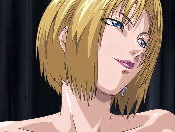 00s 1girl 2001 animated animated_gif anime_screenshot bare_shoulders bible_black bible_black_night_of_the_walpulgiss blonde_hair blue_eyes collarbone cross cross_earrings earrings grin jewelry kitami_reika lipstick makeup nurse school_nurse short_hair smile tagme witch