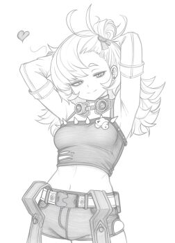 0_danvil_0 1girl armpits arms_behind_head breasts closed_mouth cowboy_shot crop_top earrings goggles goggles_around_neck greyscale heart highres jewelry long_hair looking_at_viewer midriff monochrome navel piper_wheel shorts simple_background small_breasts smile solo stud_earrings white_background zenless_zone_zero