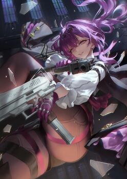 1girl aiming aiming_at_viewer black_jacket black_pantyhose clenched_teeth dual_wielding egoswans from_below glass_shards gloves gun highres holding holding_gun holding_weapon honkai:_star_rail honkai_(series) jacket kafka_(honkai:_star_rail) looking_at_viewer midair pantyhose purple_eyes purple_gloves purple_hair shirt solo teeth thighhighs weapon white_shirt