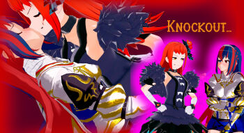 2girls 3d absurdres artist_request assertive_female blue_hair breasts english_text female_alear_(fire_emblem) fire_emblem fire_emblem_engage highres kiss leaning_back leaning_forward long_hair medium_breasts multicolored_hair multiple_girls nintendo non-web_source panette_(fire_emblem) red_hair small_breasts very_long_hair yuri