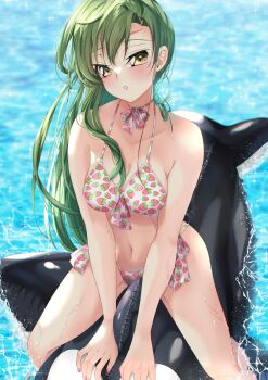 1girl absurdres armpit_crease backlighting bare_arms bare_shoulders between_legs bikini blurry blush bow breasts budgiepon c.c. cleavage code_geass commentary_request curvy day depth_of_field eyelashes feet_out_of_frame food_print forehead_tattoo fruit_print green_hair hair_between_eyes hair_over_shoulder halterneck hand_between_legs head_tilt highres inflatable_dolphin inflatable_toy lips long_hair looking_at_viewer medium_breasts nail_polish navel outdoors parted_lips pink_bikini pink_bow pink_nails scar scar_on_stomach sitting soaking_feet solo sparkle straight_hair strawberry_print swimsuit tattoo thighs v_arms very_long_hair water wet wet_hair yellow_eyes