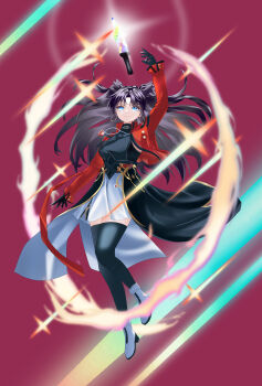 1girl absurdres black_gloves black_hair black_necktie black_shirt black_thighhighs blue_eyes breasts earrings fate/stay_night fate_(series) gem gloves highres honkai:_star_rail honkai_(series) hoop_earrings hoshizukiii jacket jewelry long_hair medium_breasts necktie pendant red_gem red_jacket rin's_pendant_(fate) shirt skirt smile solo thighhighs tohsaka_rin tohsaka_rin_(honkai:_star_rail) white_skirt zelretch_sword