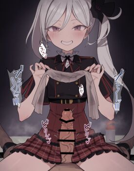 1boy 1girl assertive_female bar_censor blue_archive blush censored clothed_female_nude_male commentary_request cowgirl_position dark_background erection gauze giggling girl_on_top grin heart hetero holding long_hair looking_at_viewer lotion_bottle mutsuki_(blue_archive) nude orgasm_denial paid_reward_available penis pink_eyes plaid_clothes plaid_skirt pov pov_crotch school_uniform shirocha_rw side_ponytail skirt smile solo_focus sound_effects spoken_heart straddling straight-on teasing twitching_penis veins veiny_penis white_hair