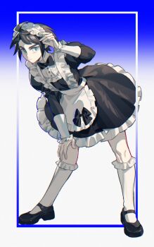 1boy apron black_dress black_hair black_shoes closed_mouth crossdressing crossdressing_(mtf) dress full_body gundam gundam_tekketsu_no_orphans highres leaning_forward looking_at_viewer maid maid_headdress male_focus male_maid mary_janes mikazuki_augus shoes short_hair socks solo standing sumooo_(ga_ilil) white_apron white_socks