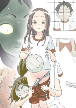 1boy 2girls accident accidental_exposure assisted_exposure ball brown_eyes brown_hair censored cleft_of_venus clothes_pull falling gym_uniform hibino_mina highres karakai_jouzu_no_takagi-san loli long_hair mosaic_censoring multiple_girls nishikata open_mouth panties pantsing panty_pull ponytail pussy red_shorts setsuden shirt short_hair shorts shorts_pull standing surprised takagi-san underwear volleyball_(object) volleyball_net white_shirt wide-eyed