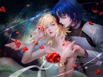 1boy 1girl athrun_zala blonde_hair blue_hair bracelet cagalli_yula_athha commentary_request couple dress falling_petals flower gold_bangle gold_bracelet gold_necklace green_dress green_eyes grey_jacket gundam gundam_seed gundam_seed_freedom hair_between_eyes hand_in_own_hair hetero holding_hands inhouhou jacket jewelry long_dress medium_hair necklace orange_eyes parted_lips petals red_flower red_petals short_hair strap_slip upper_body