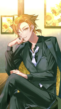 1boy absurdres black_jacket black_suit collared_shirt commentary_request crossed_legs fang feet_out_of_frame flower formal_clothes fushimi_gaku head_rest highres jacket jacket_on_shoulders long_sleeves looking_at_viewer male_focus matochi_(fa) mole mole_under_eye nijisanji orange_eyes orange_hair photo_(object) ponytail shirt short_ponytail skin_fang slit_pupils smile solo suit sunflower two-sided_fabric two-sided_jacket virtual_youtuber white_background white_shirt yellow_jacket