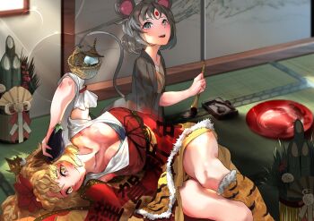 2girls alcohol alternate_costume animal_ears animal_print basket bindi bishamonten's_pagoda blonde_hair blush breasts chinese_zodiac closed_mouth commentary_request cup dress feet_out_of_frame fur_trim grey_hair grey_kimono hair_ornament happy_new_year highres holding holding_paintbrush indoors japanese_clothes kadomatsu kimono large_breasts long_sleeves looking_at_viewer lying mouse_ears mouse_girl mouse_tail multiple_girls nazrin new_year on_side open_mouth paintbrush panties pantyshot print_panties red_dress ririri sakazuki sake short_hair smile tail tatami tiger_print toramaru_shou touhou underwear wide_sleeves year_of_the_tiger yellow_eyes