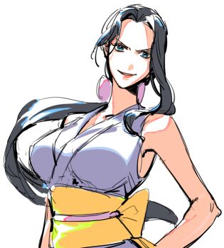 1girl black_hair blue_eyes floating_hair hand_on_own_hip japanese_clothes kimono looking_at_viewer nico_robin obi one_piece ponytail raine_(acke2445) sash sidelocks simple_background sleeveless sleeveless_kimono smile solo upper_body white_background yellow_sash