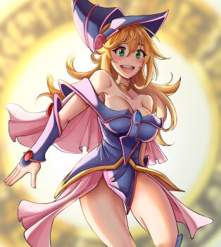 1girl absurdres bare_shoulders blonde_hair blue_dress blue_hat blurry blurry_background blush bracer breasts capelet commentary cowboy_shot dark_magician_girl dilan_griz dress duel_monster english_commentary green_eyes hair_between_eyes hat highres large_breasts long_hair looking_at_viewer off-shoulder_dress off_shoulder open_mouth pink_capelet smile solo wizard_hat yu-gi-oh!