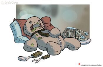 bone commentary dead_animal eating english_commentary fainted full_body highres lylas_curse messy_eater noose original sleeping utensil voodoo_doll voodoo_monkey zipper