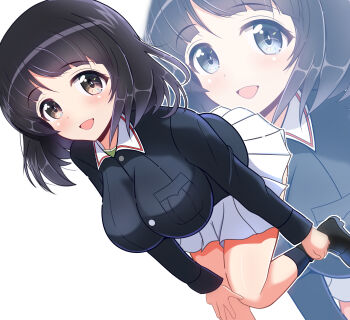 1girl black_hair blush breasts brown_eyes girls_und_panzer gotou_moyoko highres kumaisao large_breasts looking_at_viewer military_uniform ooarai_military_uniform open_mouth short_hair simple_background smile solo white_background