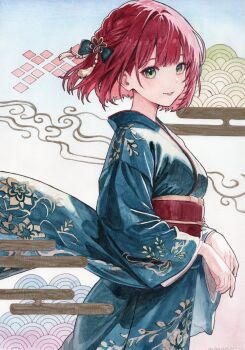 1girl absurdres blue_kimono commentary_request cowboy_shot floating_clothes from_side green_eyes hair_ornament highres japanese_clothes kimono long_sleeves looking_at_viewer mannmaruu obi obiage obijime original painting_(medium) parted_lips red_hair red_sash sash short_hair smile solo traditional_media watercolor_(medium)