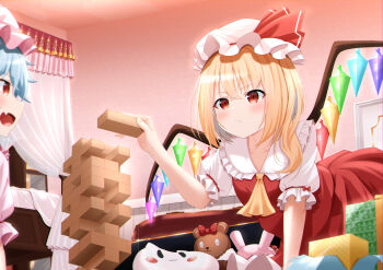 Rule 34 | 2girls, absurdres, ascot, balancing, bed, blonde hair, blue hair, blush, box, closed mouth, collared shirt, commentary request, crystal, crystal wings, fang, flandre scarlet, frilled shirt collar, frills, gift, gift box, hat, hat ribbon, highres, indoors, jenga, mob cap, multicolored wings, multiple girls, one side up, open mouth, pink hat, pink shirt, puffy short sleeves, puffy sleeves, red eyes, red skirt, red vest, remilia scarlet, rense 1010 (number nanashi), ribbon, shirt, short sleeves, skin fang, skirt, skirt set, smile, stuffed animal, stuffed toy, teddy bear, touhou, vest, white hat, wings, yellow ascot