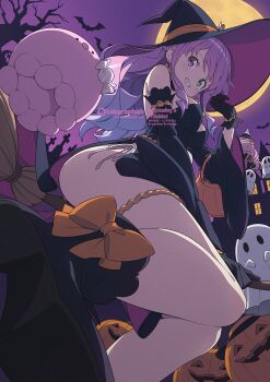 1girl :d bare_shoulders bare_tree black_boots black_dress black_gloves boots bracelet broom broom_riding commentary detached_sleeves dress ghost gloves gradient_hair green_eyes grin halloween hand_up hat heterochromia highres himemori_luna hololive jack-o&#039;-lantern jewelry kanzaki_hiro long_hair long_sleeves looking_at_viewer luknight_(himemori_luna) moon multicolored_hair night official_artist_extra open_mouth outdoors panties panty_straps pink_hair pink_hat pink_sleeves purple_eyes purple_hair short_dress side-tie_panties side_slit sleeveless sleeveless_dress smile solo strapless strapless_dress symbol-only_commentary thighlet tree two-sided_fabric two-sided_headwear two-sided_sleeves underwear virtual_youtuber watermark wavy_hair wide_sleeves witch witch_hat