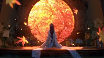 Rule 34 | 1girl, absurdres, andon, architecture, autumn leaves, black hair, commentary request, east asian architecture, falling leaves, floor lamp, from behind, highres, japanese clothes, kimono, lamp, leaf, long hair, maple leaf, original, scenery, shuu illust, sitting, solo, tree, very long hair