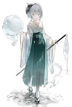 1girl :| absurdres adapted_costume black_hairband chest_sarashi closed_mouth collarbone commentary full_body green_hakama grey_hair hairband hakama hakama_skirt highres hitodama holding holding_sword holding_weapon japanese_clothes kimono konpaku_youmu konpaku_youmu_(ghost) kurukuru1202kr long_sleeves looking_at_viewer pleated_skirt sandals sarashi see-through_silhouette sheath sheathed short_hair skirt socks solo sword tabi touhou wading weapon white_kimono white_socks wide_sleeves zouri