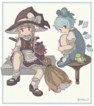 2girls :< apron black_cat black_hat black_shoes black_skirt black_vest blonde_hair blue_bow blue_dress blue_eyes blue_hair blue_shoes bow braid broom cat chigu cirno closed_mouth commentary_request detached_wings dress frog hair_bow hat hat_bow highres ice ice_wings kirisame_marisa looking_at_viewer mary_janes multiple_girls puffy_short_sleeves puffy_sleeves red_bow shoes short_sleeves side_braid single_braid sitting skirt socks touhou twitter_username vest waist_apron white_apron white_bow white_socks wings witch_hat
