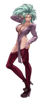 1girl absurdres aqua_hair bare_shoulders black_boots boots breasts chtv cleavage collarbone commentary commission earrings english_commentary hand_in_own_hair heel_up high_heel_boots high_heels highres hip_bones jewelry large_breasts long_hair looking_at_viewer open_clothes pantyhose pantyhose_lift pointy_ears ryouko_(tenchi_muyou!) slit_pupils smile solo tenchi_muyou! thighs white_background yellow_eyes