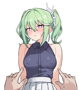 1boy 1girl absurdres armpit_crease blush breasts bright_pupils choppy_bangs collared_shirt commentary covered_erect_nipples cowboy_shot ear_blush green_hair grey_shirt hair_between_eyes hetero highres korean_commentary large_breasts long_bangs looking_at_viewer maksagwa medium_hair no_bra out_of_frame pov purple_eyes shirt shirt_tucked_in simple_background skirt sleeveless sleeveless_shirt stellive sweat twintails virtual_youtuber white_background white_pupils white_skirt wing_collar yuzuha_riko