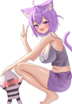 1girl absurdres animal_ear_fluff animal_ears barefoot blush cat_cutout cat_ears cat_girl cat_tail clothing_cutout commentary crop_top fang feet grey_tank_top hair_between_eyes highres hololive kumoru_(kumoru_145) long_hair medium_hair midriff nekomata_okayu onigirya_(nekomata_okayu) open_mouth purple_eyes purple_hair purple_shorts purple_tail shorts solo stomach tail tank_top toes v virtual_youtuber white_background