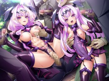 Rule 34 | 2girls, :d, ahoge, amakubo yuri, azarin (exs-tia), black gloves, black pants, blush, breasts, breasts out, brick floor, bukkake, censored, clothed sex, clothing cutout, corruption, covered navel, cum, cum in pussy, cum on body, cum on breasts, cum on clothes, cum on hair, cum on upper body, dark persona, day, double handjob, elbow gloves, facial, game cg, gangbang, garter straps, gloved handjob, gloves, grabbing another's breast, grabbing from behind, groping, group sex, hair intakes, handjob, heart, hetero, inoino, kouyoku senki exs-tia, large breasts, large variant set, leotard, liberator (exs-tia), liberator azarin (exs-tia), liberator yuri (exs-tia), long hair, looking at viewer, medium breasts, mosaic censoring, multiple boys, multiple girls, navel, nipples, non-web source, official art, open mouth, outdoors, pants, park, penis, pink hair, pubic tattoo, purple eyes, purple hair, purple leotard, pussy, sex, shiny clothes, shiny skin, small breasts, smile, spread legs, tattoo, thighhighs, vaginal, variant set, very long hair