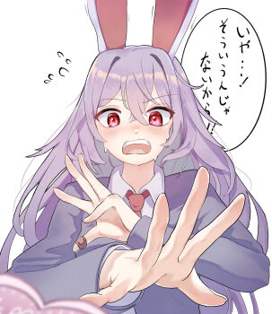 1girl animal_ears bandaid bandaid_on_finger bandaid_on_hand blue_jacket blurry blurry_foreground blush box box_of_chocolates collared_shirt colored_inner_hair commentary_request crossed_arms embarrassed flying_sweatdrops grey_hair hair_between_eyes hands_up heart-shaped_box highres jacket kulukulu3333 lapels long_hair long_sleeves looking_at_viewer multicolored_hair necktie nose_blush open_mouth purple_hair rabbit_ears rabbit_girl red_eyes red_necktie reisen_udongein_inaba shirt simple_background solo speech_bubble sweat teeth tongue touhou translation_request upper_body valentine white_background white_shirt