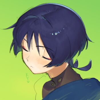 Rule 34 | 1boy, artist name, black bodysuit, black hair, blue cape, blunt ends, blush, bodysuit, cape, closed eyes, closed mouth, commentary, english commentary, eyeliner, facing to the side, genshin impact, green background, hair intakes, kyudred, makeup, male focus, portrait, red eyeliner, scaramouche (genshin impact), solo, turtleneck, turtleneck bodysuit, unfinished, wanderer (genshin impact)