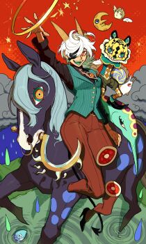 1other 2girls absurdres animal brown_pants brown_shirt cloud creature crescent_moon demon_girl demon_tail eyepatch fangs fish full_body furry goat_horns highres horns horse horseback_riding long_hair looking_at_viewer momomo_906 moon multicolored_eyes multiple_girls original outdoors pants rain red_eyes red_sky riding severed_leg severed_limb shirt sickle sitting sky tail vest water white_hair yellow_eyes