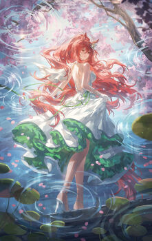 Rule 34 | 1girl, animal ears, arknights, backless dress, backless outfit, bare back, bare shoulders, breasts, cherry blossoms, commentary, dress, english commentary, from behind, full body, gloves, helen zzhao, high heels, highres, horse ears, horse girl, horse tail, lily pad, long hair, looking at viewer, looking back, medium breasts, narantuya (arknights), outdoors, petals, ponytail, red eyes, red hair, reflection, reflective liquid, ripples, shoes, skirt hold, sleeveless, sleeveless dress, smile, solo, standing, standing on liquid, strappy heels, tail, tree, very long hair, water, white dress, white gloves, white shoes